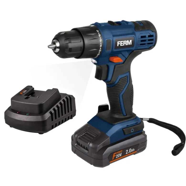 FERM boremaskine 20 volt - med 2,0 Ah batteri + lader